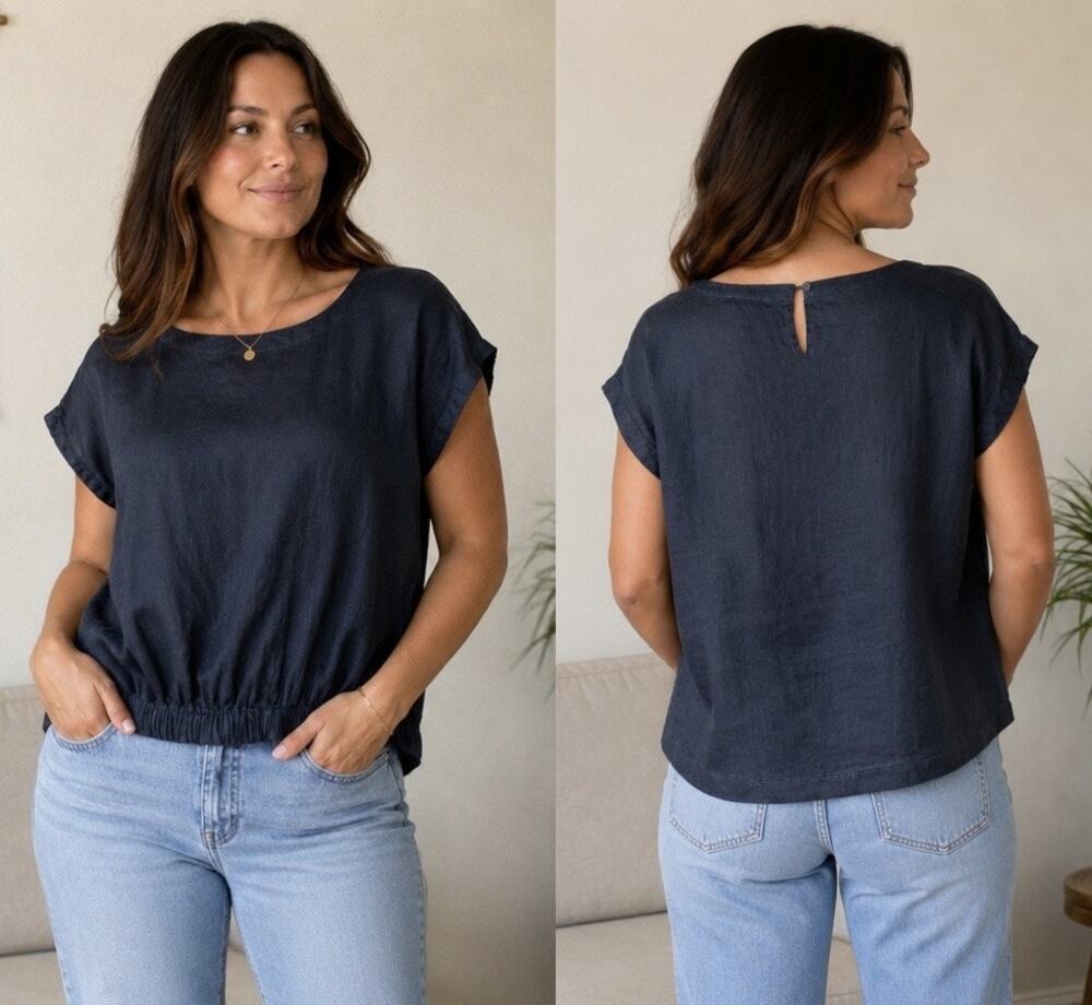 Grade & Gather 100% Linen Navy Blue Elastic Hem Blouse Top Women’s Small